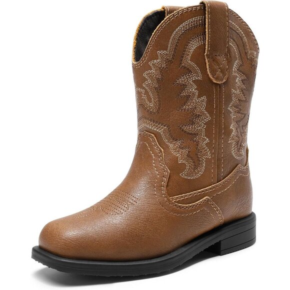 🆕 Men Brown Western Cowboy Boots Toddler Square Toe Riding Mid Calf Shoes - Picture 1 of 7